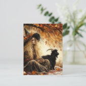 Witch With Coffee and Her Pet Goat in Autumn Briefkaart (Staand voorkant)