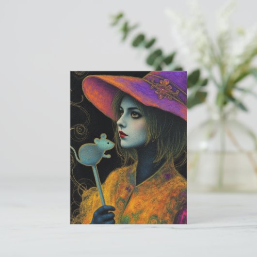 Witch With Mouse Wand Briefkaart (Staand voorkant)