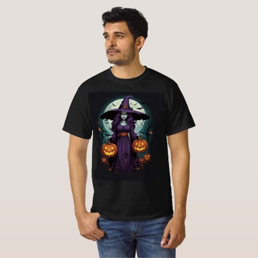 Witch with Pumpkins & Full Moon Art T-shirt (Voorkant volledig)
