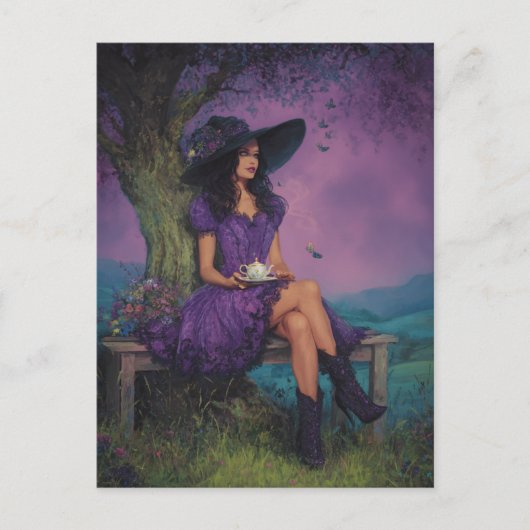 Witch With Tea on a Bench Under a Tree Briefkaart (Voorkant)