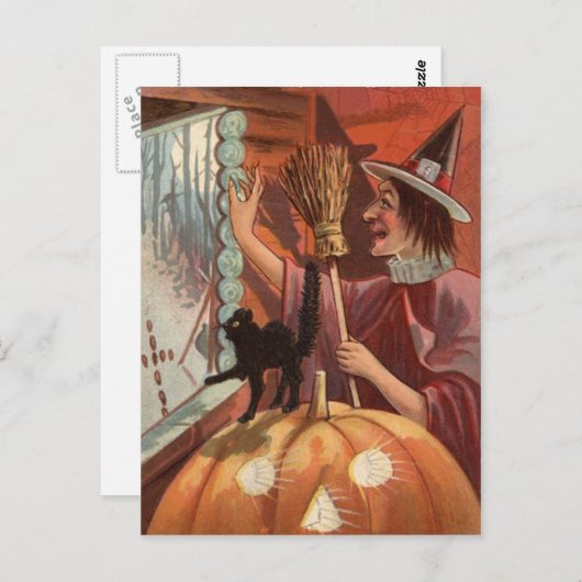 Witch Zwart Kat Jack O Lantaarn Pompoen Briefkaart (Voorkant / Achterkant)