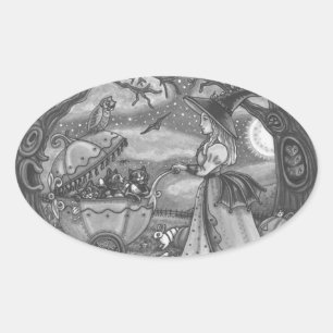 WITCH, ZWARTE KAT-BUGGY GOTHIC-STICKERS VORMEN Ova Ovale Sticker