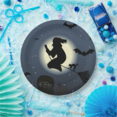 Witch, zwarte kat en vleermuizen papieren bordje (Feest)