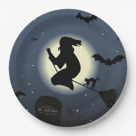 Witch, zwarte kat en vleermuizen papieren bordje