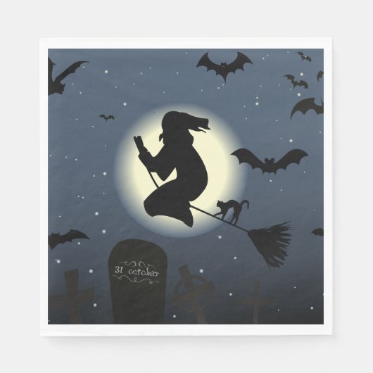 Witch, zwarte kat en vleermuizen servet (Voorkant)
