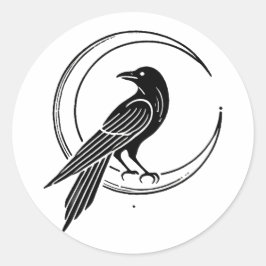 Witchcore Black Raven & Moon Line Art Ronde Sticker