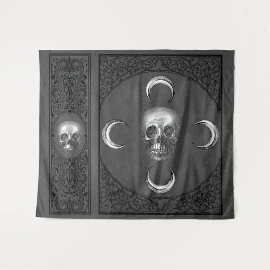Witchery Flourish | Donkere grijze schedel en maan Wandkleed (Voorkant (horizontaal))