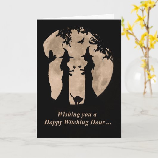 Witches en Wine Happy Halloween Kaart (Gele Bloem)