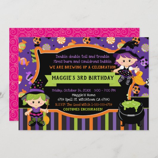 Witches Halloween Birthday Party Kaart (Voorkant / Achterkant)