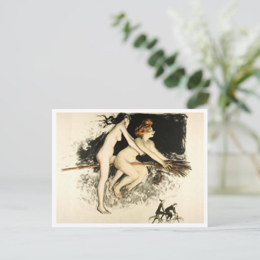 Witches, Jean Veber, Halloween, Male en Vrouw Briefkaart (Staand voorkant)