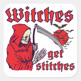 WITCHES KRIJGEN STITCHES grappig eng halloween Vierkante Sticker