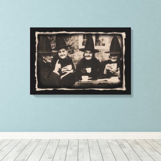 Witches Tea Party – old black/white Canvas Afdruk (Insitu (Houten vloer))