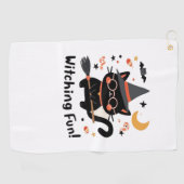 Witching Fun Zwarte Kat met Bezem – Schattigee Hal Golfhanddoek (Horizontaal)