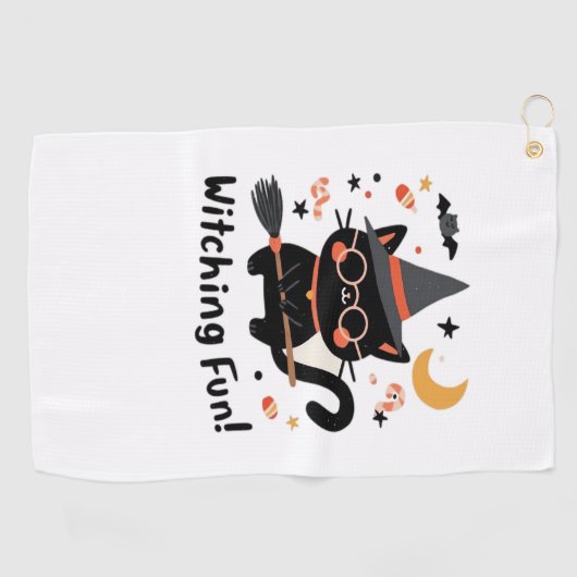 Witching Fun Zwarte Kat met Bezem – Schattigee Hal Golfhanddoek (Horizontaal)