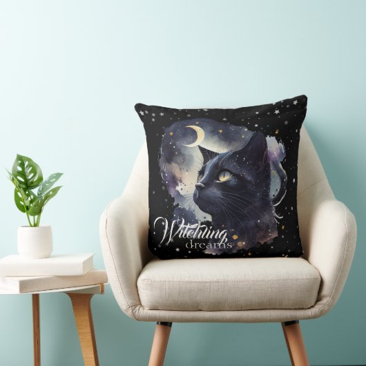 Witchling Dreams Zwarte kat en sterren Kussen (Stoel)