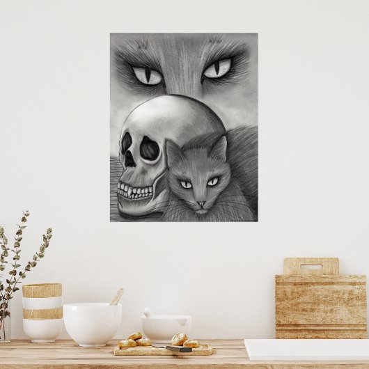 Witch's Black Cat Skull Gothic Fantasy Cat Art Pri Poster (Keuken)