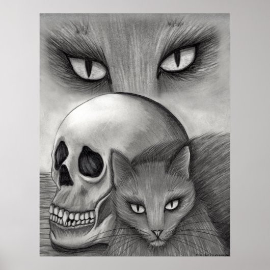 Witch's Black Cat Skull Gothic Fantasy Cat Art Pri Poster (Voorkant)