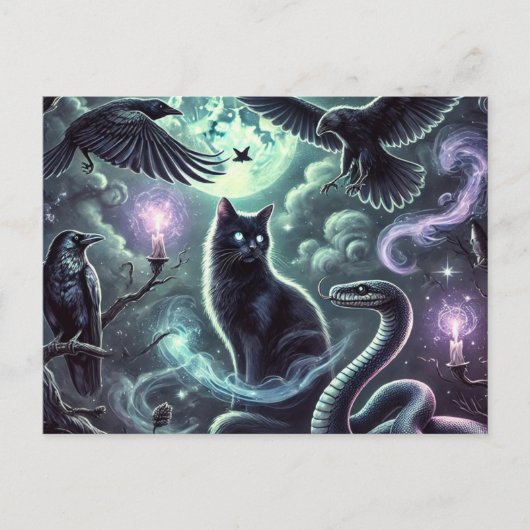 Witch's Cat Briefkaart | Halloween Black Cat Art (Voorkant)