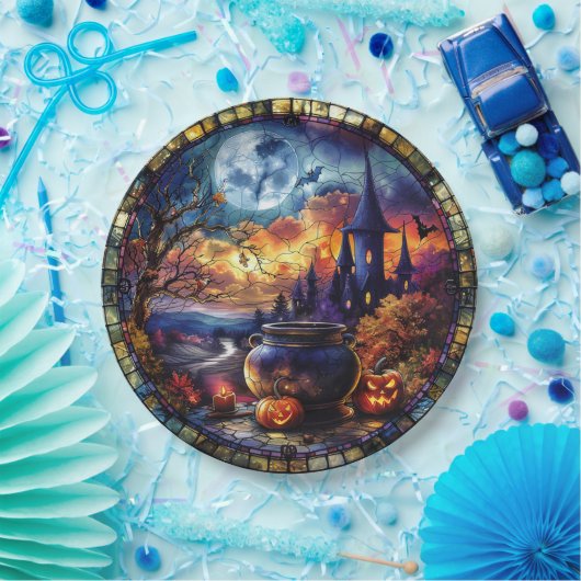 Witch's Cauldron-Glas in lood Papieren Bordje (Feest)