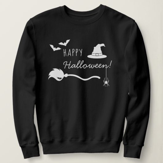 Witch's Stuff, Spider, Bats Happy Halloween Tekst Trui (Design voorkant)
