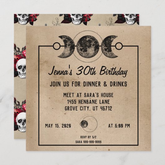 Witchy Birthday Invitations Rozen & Skulls Gothic Kaart (Voorkant / Achterkant)