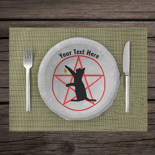 Witchy Black Cat Gold Star Red Pentagram op grijs Papieren Kommen