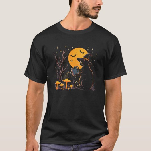 Witchy Black Cat Watering Mushrooms Moonlight Hall T-shirt (Voorkant)