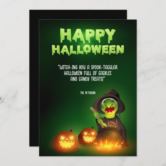 Witchy Brew Cauldron en Jack-o'-Lanterns Groet Kaart (Voorkant / Achterkant)