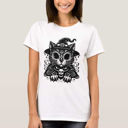 Witchy Cat Creepy Halloween T-shirt (Voorkant)