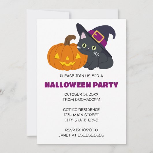 Witchy Cat Halloween Uitnodiging (Voorkant)