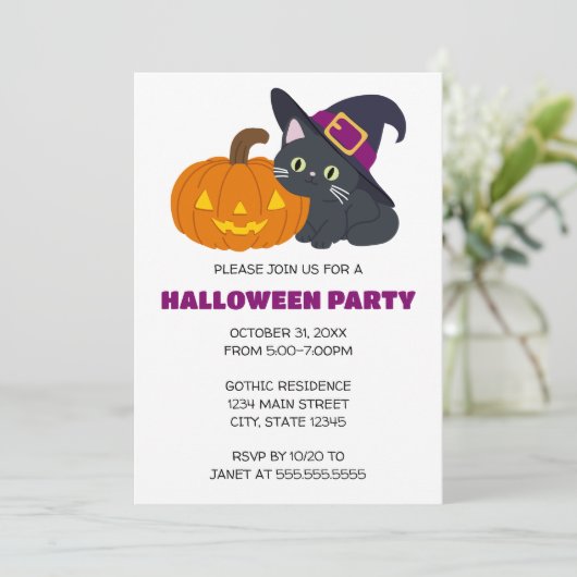 Witchy Cat Halloween Uitnodiging (Staand voorkant)
