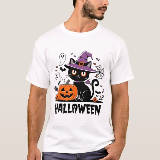 Witchy Cat met pompoenen - Halloween Fun T-shirt (Voorkant)