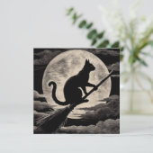 Witchy Cat on Broomstick met Full Moon  Kaart (Staand voorkant)