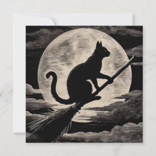 Witchy Cat on Broomstick met Full Moon Kaart