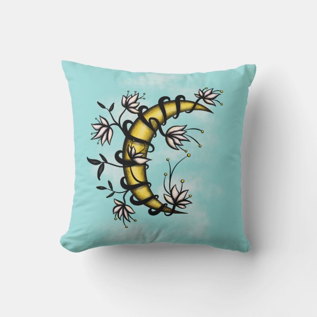Witchy Crescent Moon Floral Wiccan Kussen (Voorkant)