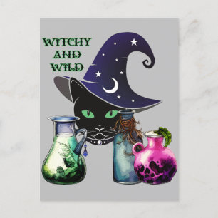 Witchy en Wild - Halloween Black Cat en drankjes Briefkaart