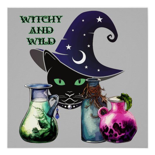Witchy en Wild - Halloween Black Cat en drankjes Perfect Poster (Voorkant)