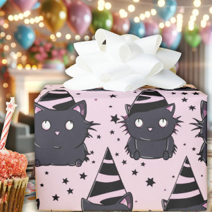 Witchy Gothic Baby Pink Black Kitty Cat Verjaardag Cadeaupapier