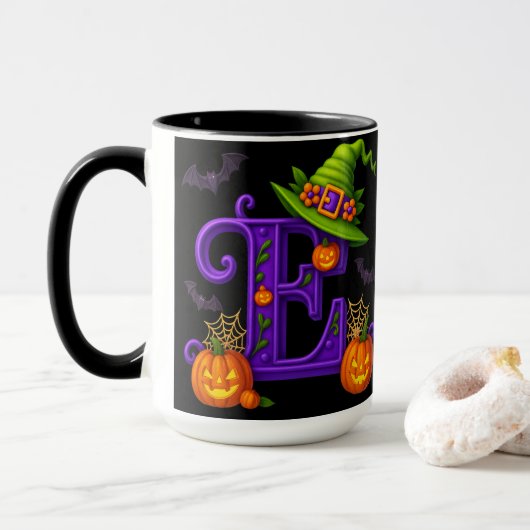 Witchy Halloween Initiaal "E" Mok (Met donut)