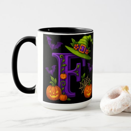 Witchy Halloween Initiaal "F" Mok (Met donut)