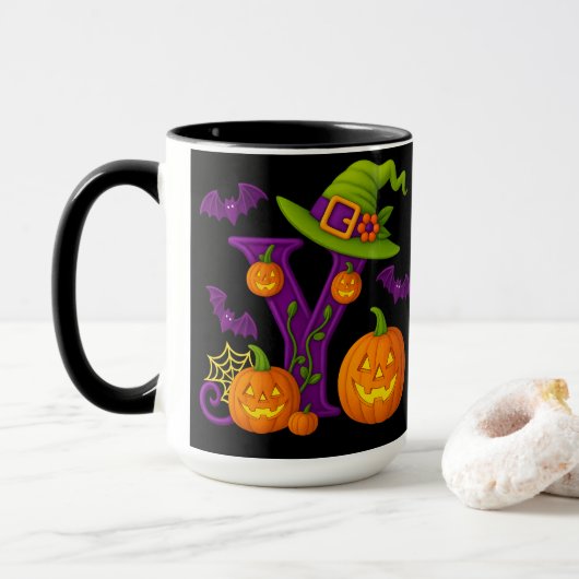 Witchy Halloween Initiaal "Y" Mok (Met donut)