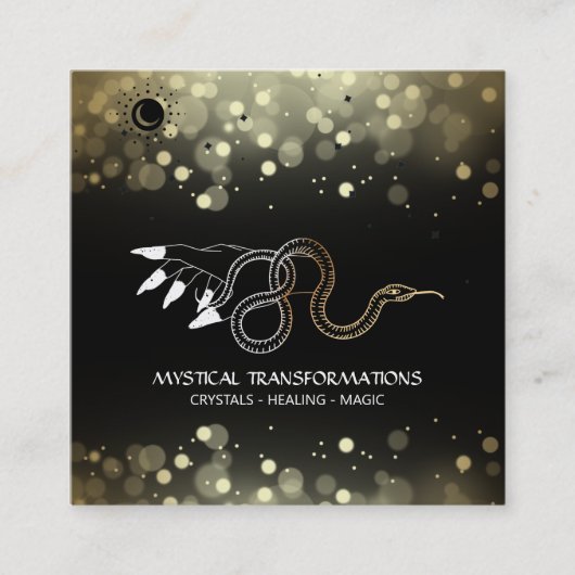 *~* Witchy Hand Gold Snake Moon Magic Boho Black Vierkante Visitekaartje (Voorkant)