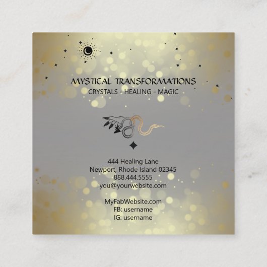 *~* Witchy Hand Gold Snake Moon Magic Boho Gray Vierkante Visitekaartje (Achterkant)