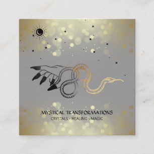 *~* Witchy Hand Gold Snake Moon Magic Boho Gray Vierkante Visitekaartje