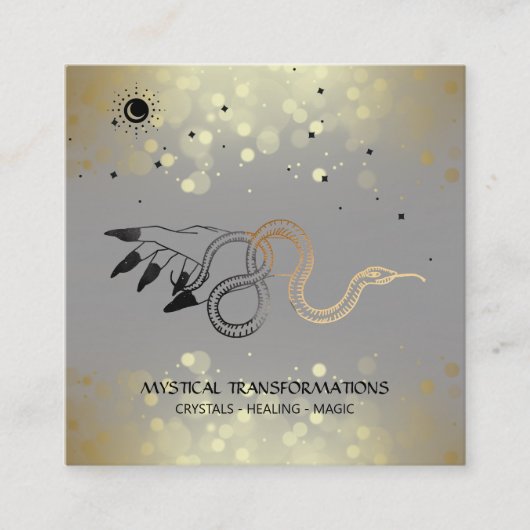 *~* Witchy Hand Gold Snake Moon Magic Boho Gray Vierkante Visitekaartje (Voorkant)