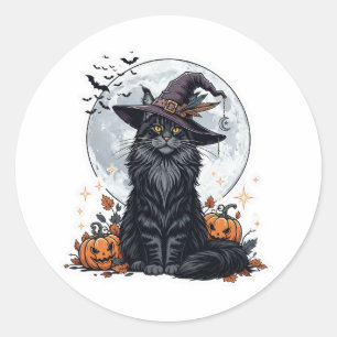 Witchy Maine Coon – Majestic Halloween Cat Ronde Sticker
