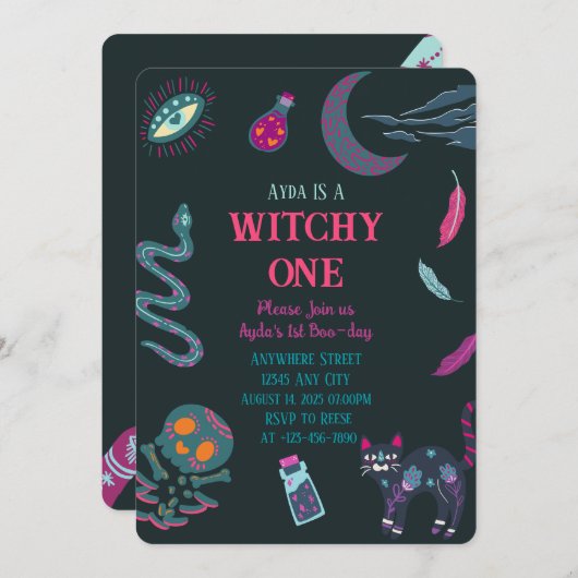 Witchy One 1e verjaardag Halloween Uitnodiging (Voorkant / Achterkant)