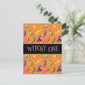 "Witchy One" Oranje Halloween Pattern Briefkaart (Staand voorkant)