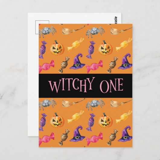 "Witchy One" Oranje Halloween Pattern Briefkaart (Voorkant / Achterkant)
