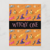 "Witchy One" Oranje Halloween Pattern Briefkaart (Voorkant)